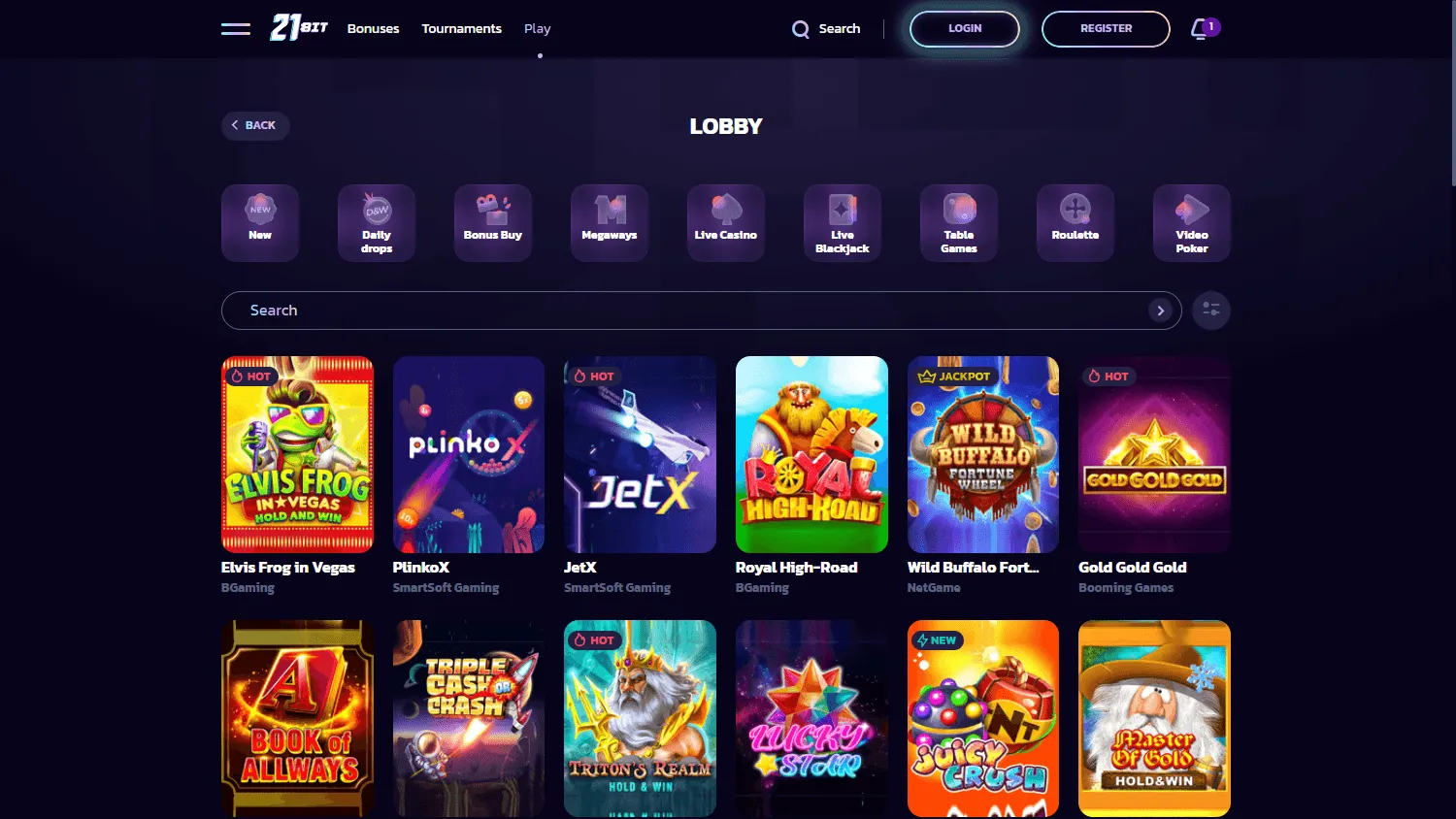 21bit Casino desktop games screen