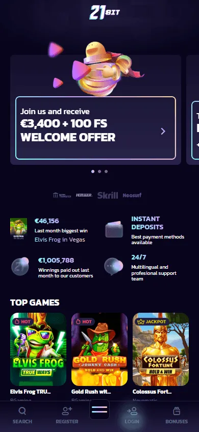 21bit Casino mobile home screen