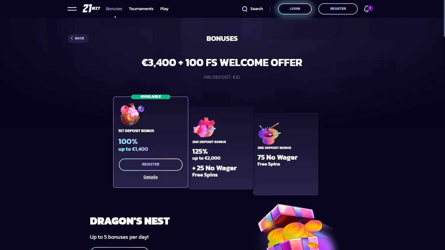 21bit Casino desktop promotions screen
