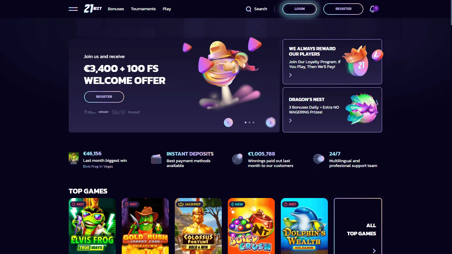 21bit Casino desktop home screen